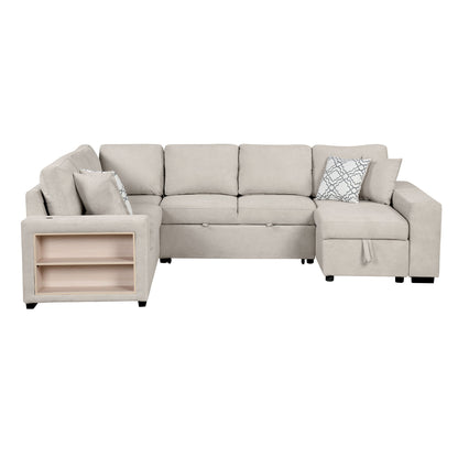 U-Shaped Sectional Sofa Pull-Out Sofa Bed With Two USB Ports, A Storage Chaise Lounge And Four Back Pillows For Living Room - Beige
