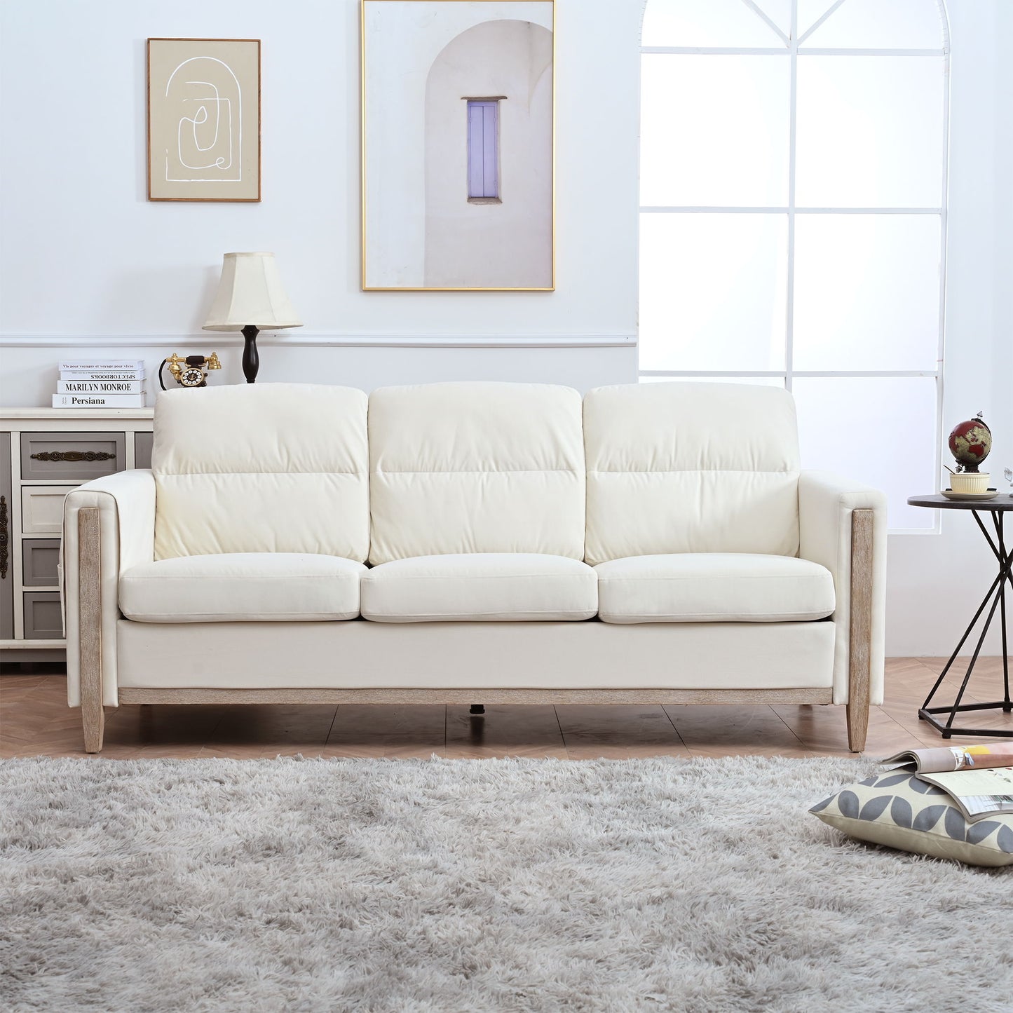 Comfortable Solid Wood Three-Seater Sofa, Soft Cushions, Durable And Long-Lasting, Sofa Couch For Living Room - Beige