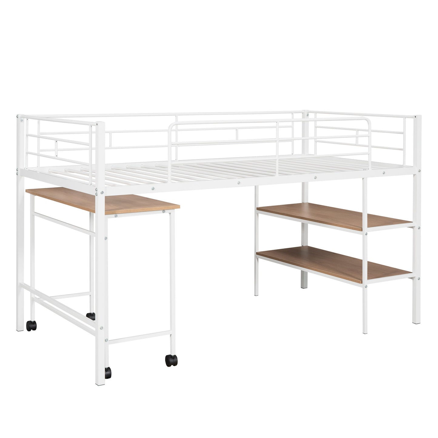Twin Size Loft Bed With Desk And Shelves - White