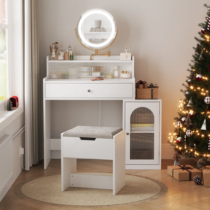 White Vanity Desk With 360ÔøΩÔøΩ Rotated Mirror And Adjustable Lights, Girls Makeup Vanity Table With Storage Chair And Side Cabinet - Antique White