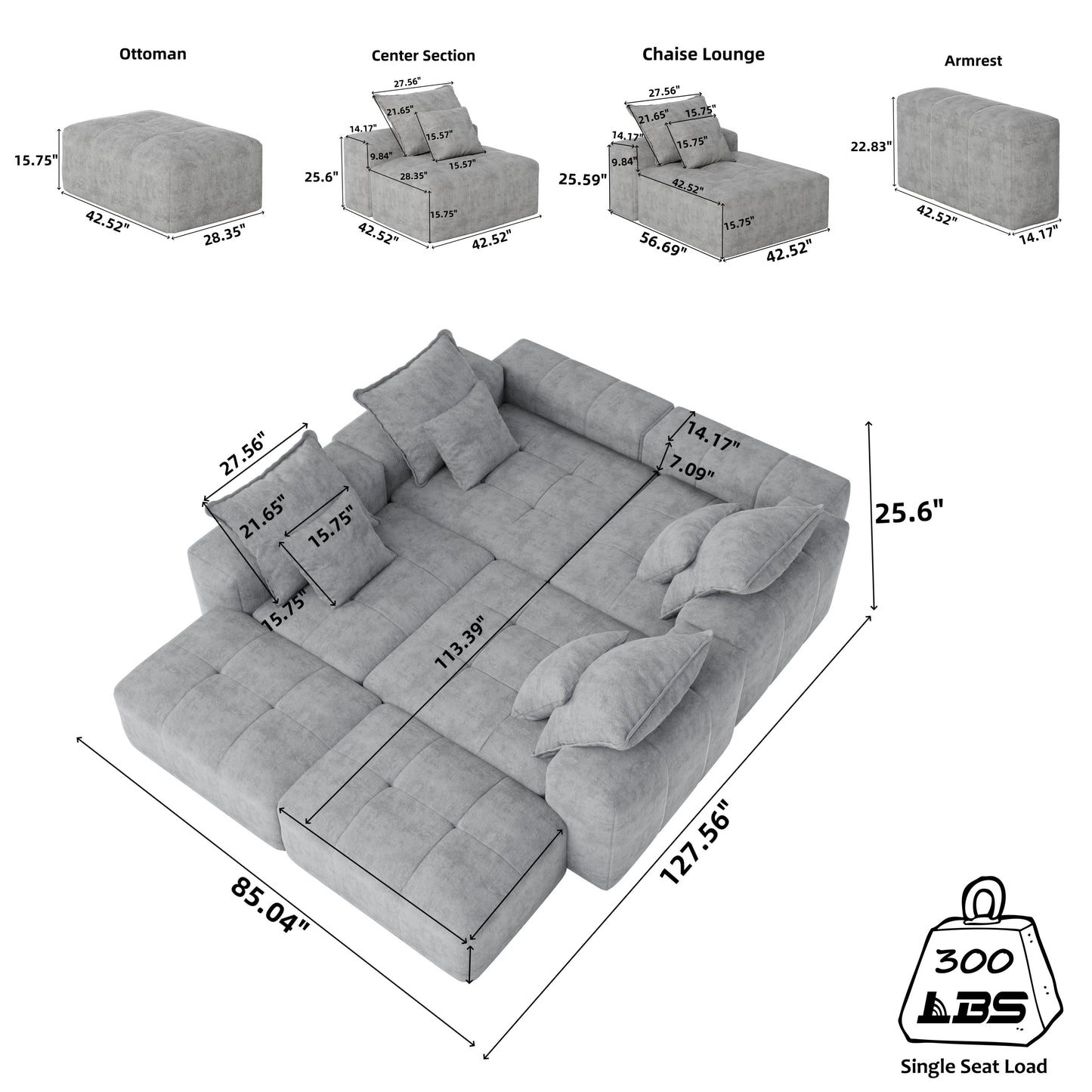 Modern Oversized Modular Sectional Sofa, Sparkling Chenille Fabric Soft Cushion Sofa With 8 Pillows, 8 Pieces Diy Combination Tufted Sofa, No Assembly Required - Beige
