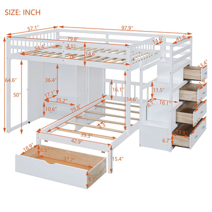 Full Over Twin Bunk Bed With Wardrobe, Drawers - White