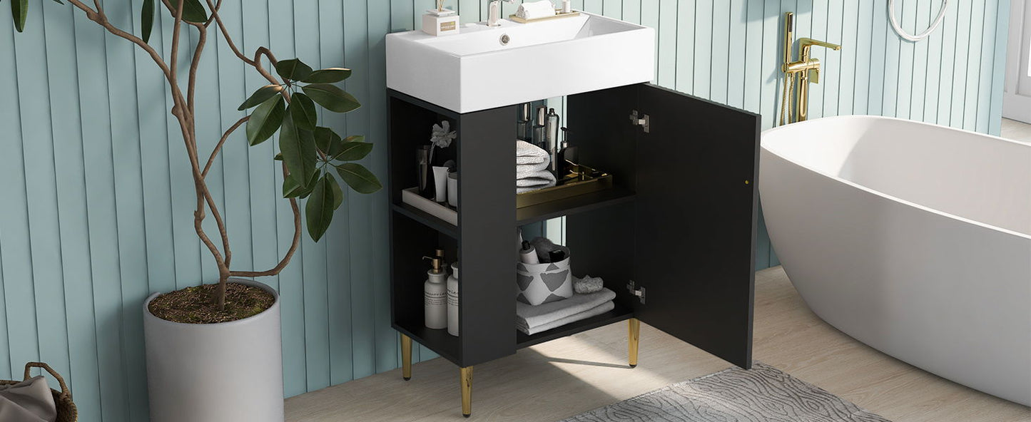 Bathroom Vanity, Combo Cabinet, Bathroom Storage Cabinet, Single Ceramic Sink, Left Side Storage - Black