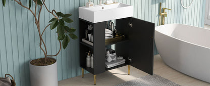 Bathroom Vanity, Combo Cabinet, Bathroom Storage Cabinet, Single Ceramic Sink, Left Side Storage - Black
