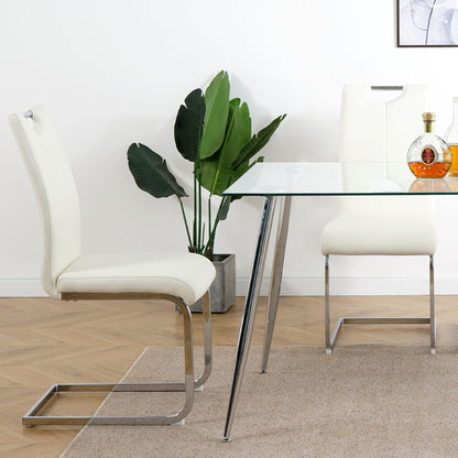 Modern Dining Chairs With Faux Leather Padded Seat And Chrome Metal Legs For Kitchen, Living, Bedroom, Dining Room - White / Silver
