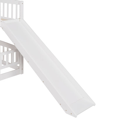 Full Over Full Low Bunk Bed With Slide, Fence And Ladder For Toddler - White