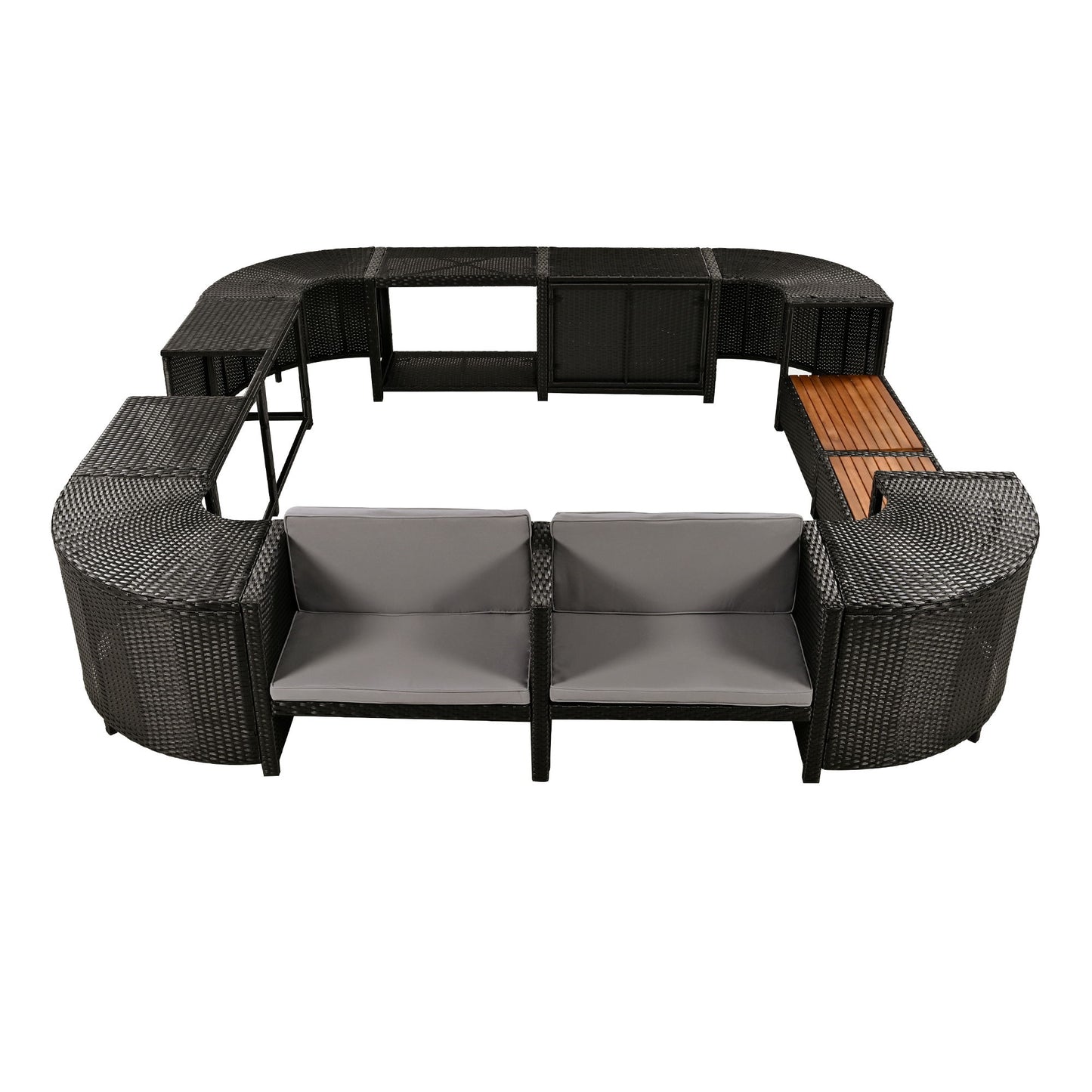 Spa Surround Spa Frame Quadrilateral Outdoor Rattan Sectional Sofa Set With Mini Sofa, Wooden Seats And Storage Spaces - Gray