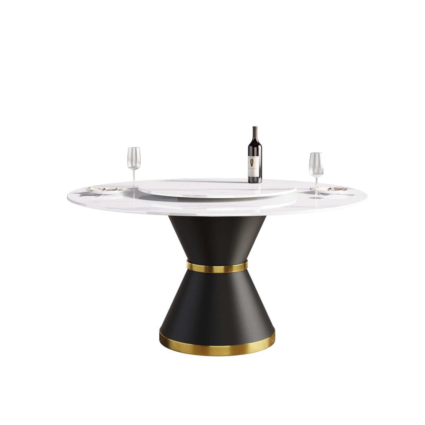 59.05" Modern Artificial Stone Round Carbon Steel Base Dining Table, White Artificial Stone Turntable - White / Black