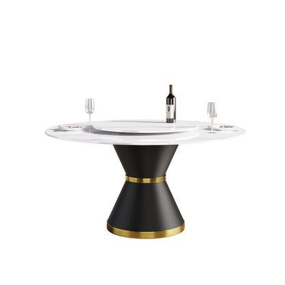 59.05" Modern Artificial Stone Round Carbon Steel Base Dining Table, White Artificial Stone Turntable - White / Black
