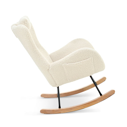 Rocking Chair Nursery, Teddy Upholstered Rocker Glider Chair With High Backrest, Adjustable Headrest & Pocket, Comfy Glider Chair For Nursery, Bedroom, Living Room, Offices, Rubber Wood - Beige