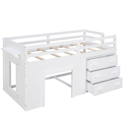 Twin Size Loft Bed With Cabinet And Shelf - White