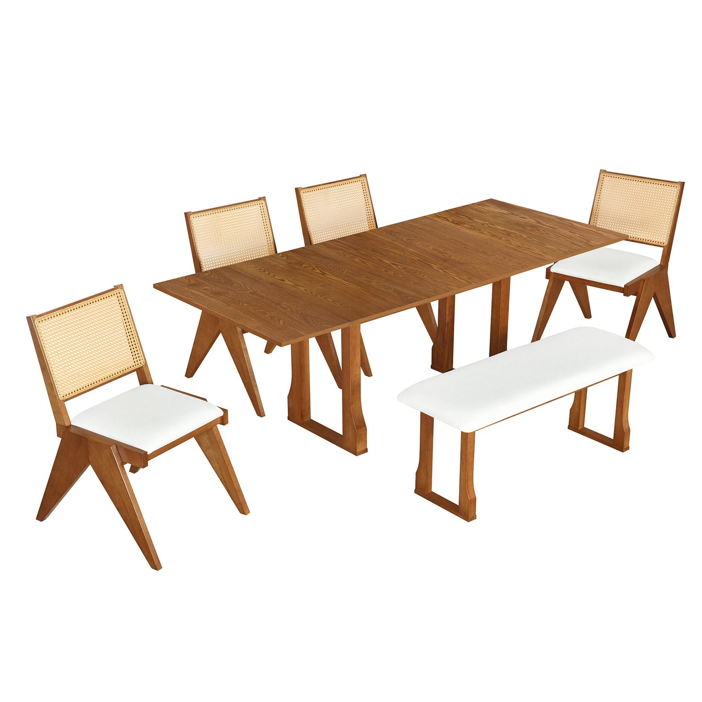 Modern 6 Piece Extendable Dining Table Set With 4 Wicker Back Upholstered Dining Chairs And Long Bench, 2 Removable Leaf - Walnut