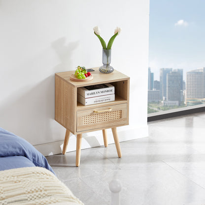 15.75" Rattan End Table With Power Outlet & USB Ports, Modern Nightstand With Drawer And Solid Wood Legs, Side Table For Living Room, Bedroom - Natural
