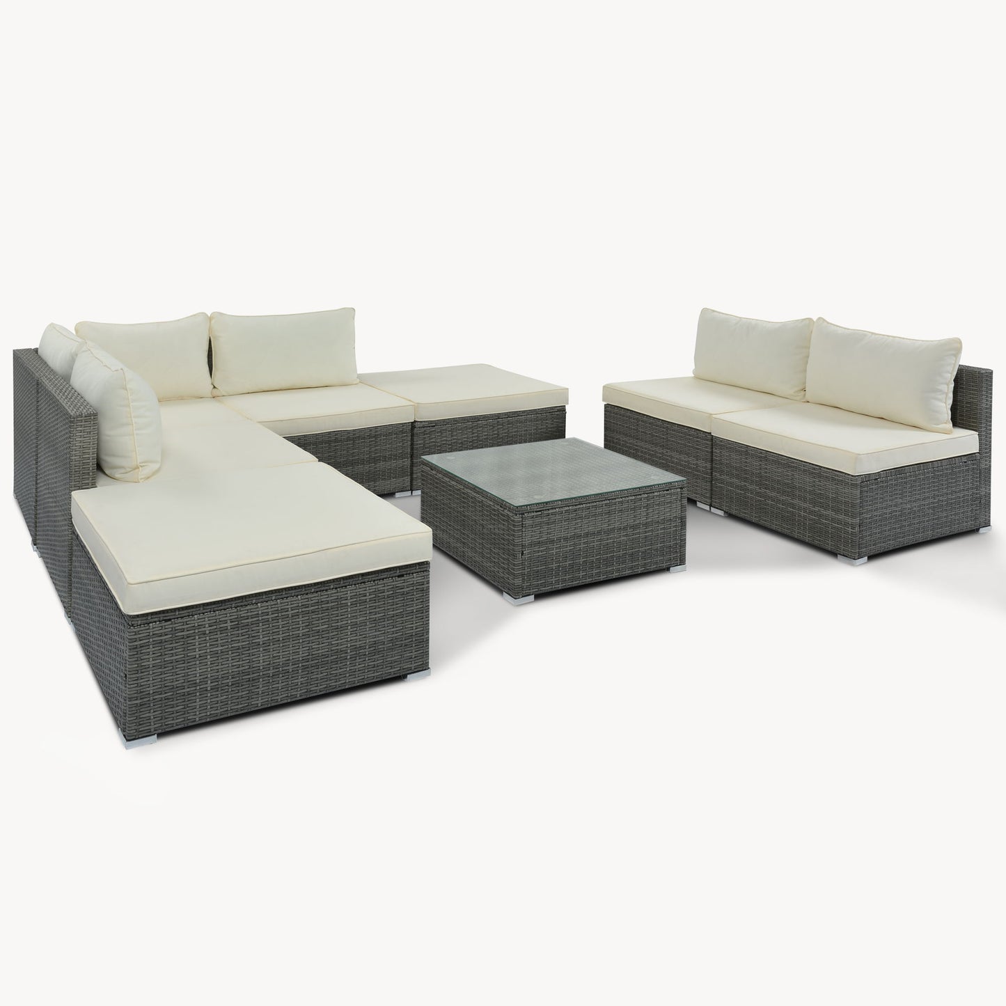 8 Pieces Outdoor Patio Furniture Sets, Garden Conversation Wicker Sofa Set, Single Sofa Combinable - Beiges / Gray