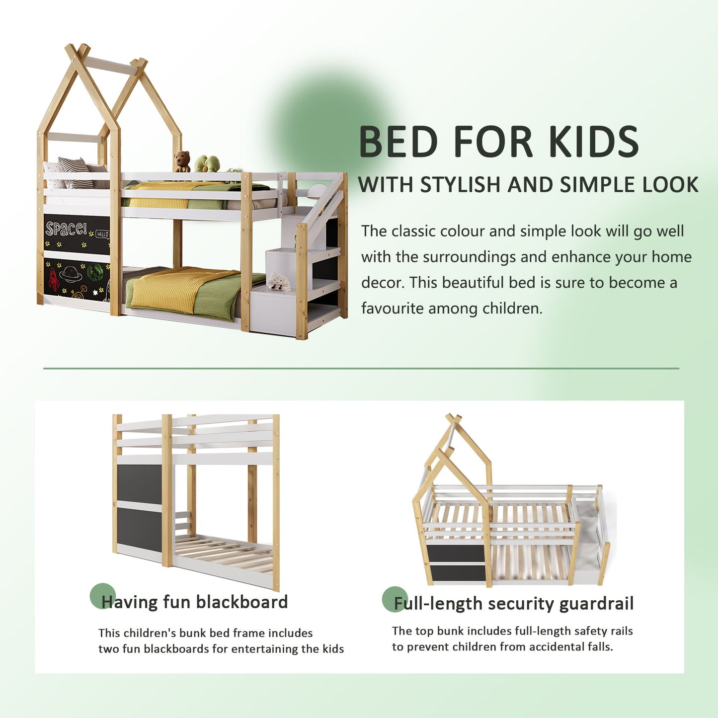 Twin Over Twin House Bunk Bed With White Storage Staircase And 2 Blackboards - White / Natural
