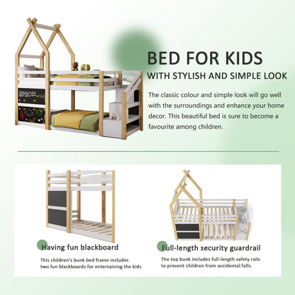 Twin Over Twin House Bunk Bed With White Storage Staircase And 2 Blackboards - White / Natural