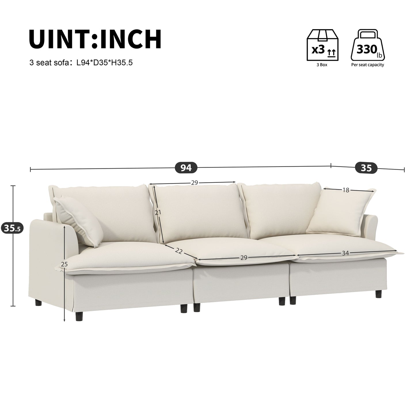 3 Seat Sofa Module For Modular Sectional Wide Seat Cloud Couch With Throw Pillows Upholstered - Beige