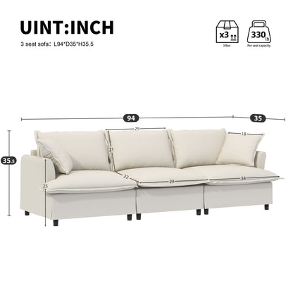 3 Seat Sofa Module For Modular Sectional Wide Seat Cloud Couch With Throw Pillows Upholstered - Beige