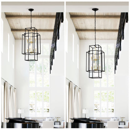 8 Light Metal Lantern Tiered Pendant Hanging Light Fixtures, Industrial Farmhouse Adjustable Height Chandeliers For Dining Room Hallway Foyer Entryway (E12 Bulbs Not Included) - Matte Black / Gold