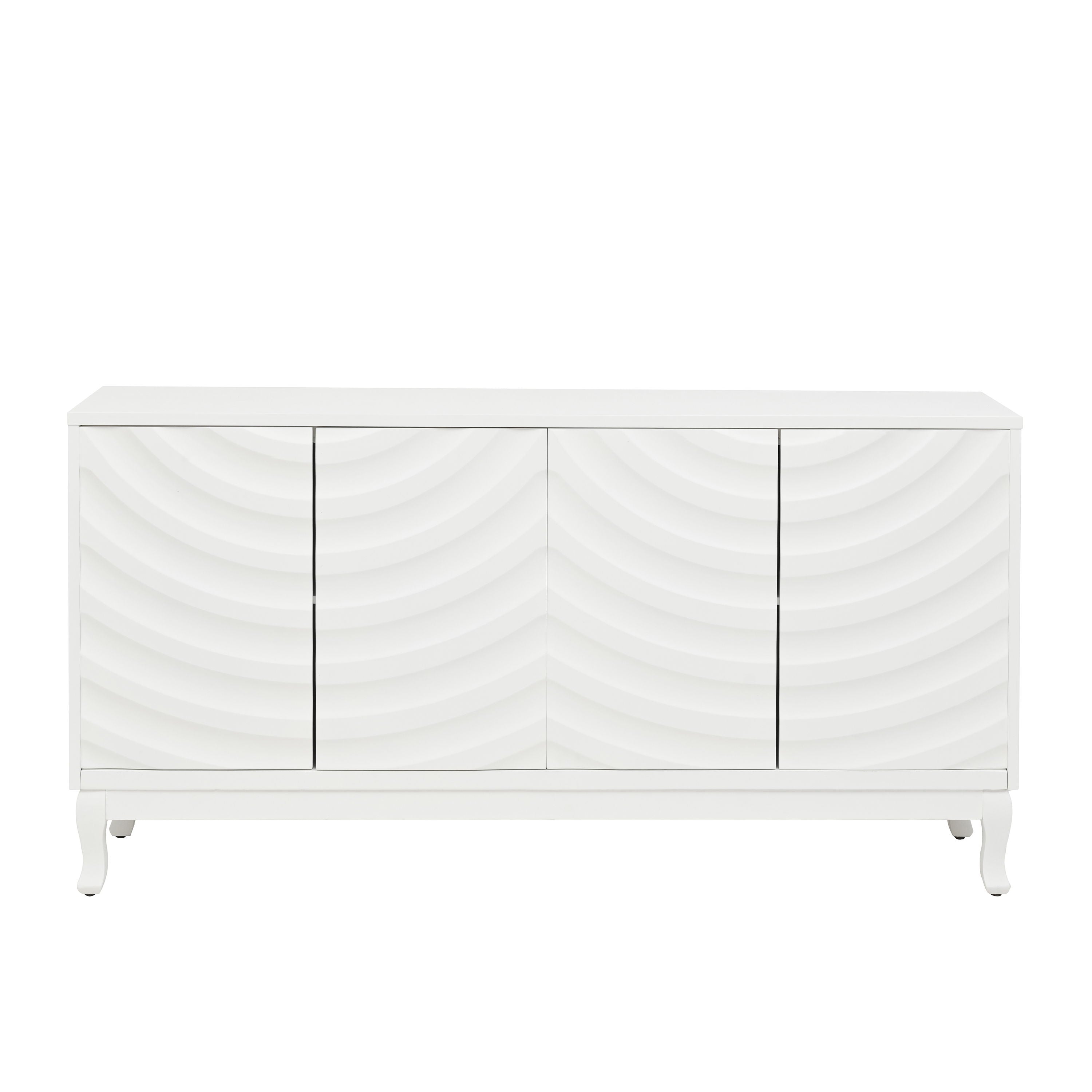 Elegant Sideboard With Sophisticated Wavy Pattern Doors And Arched Groove Design In A Stylish 4 Door Layout, Adjustable For Study, Entryway And Living Room - White