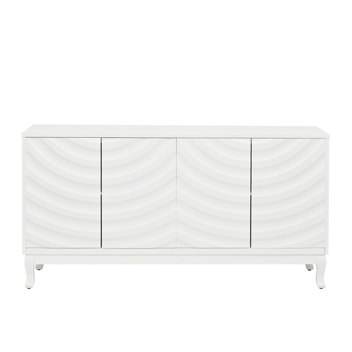 Elegant Sideboard With Sophisticated Wavy Pattern Doors And Arched Groove Design In A Stylish 4 Door Layout, Adjustable For Study, Entryway And Living Room - White