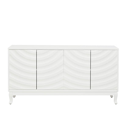 Elegant Sideboard With Sophisticated Wavy Pattern Doors And Arched Groove Design In A Stylish 4 Door Layout, Adjustable For Study, Entryway And Living Room - White
