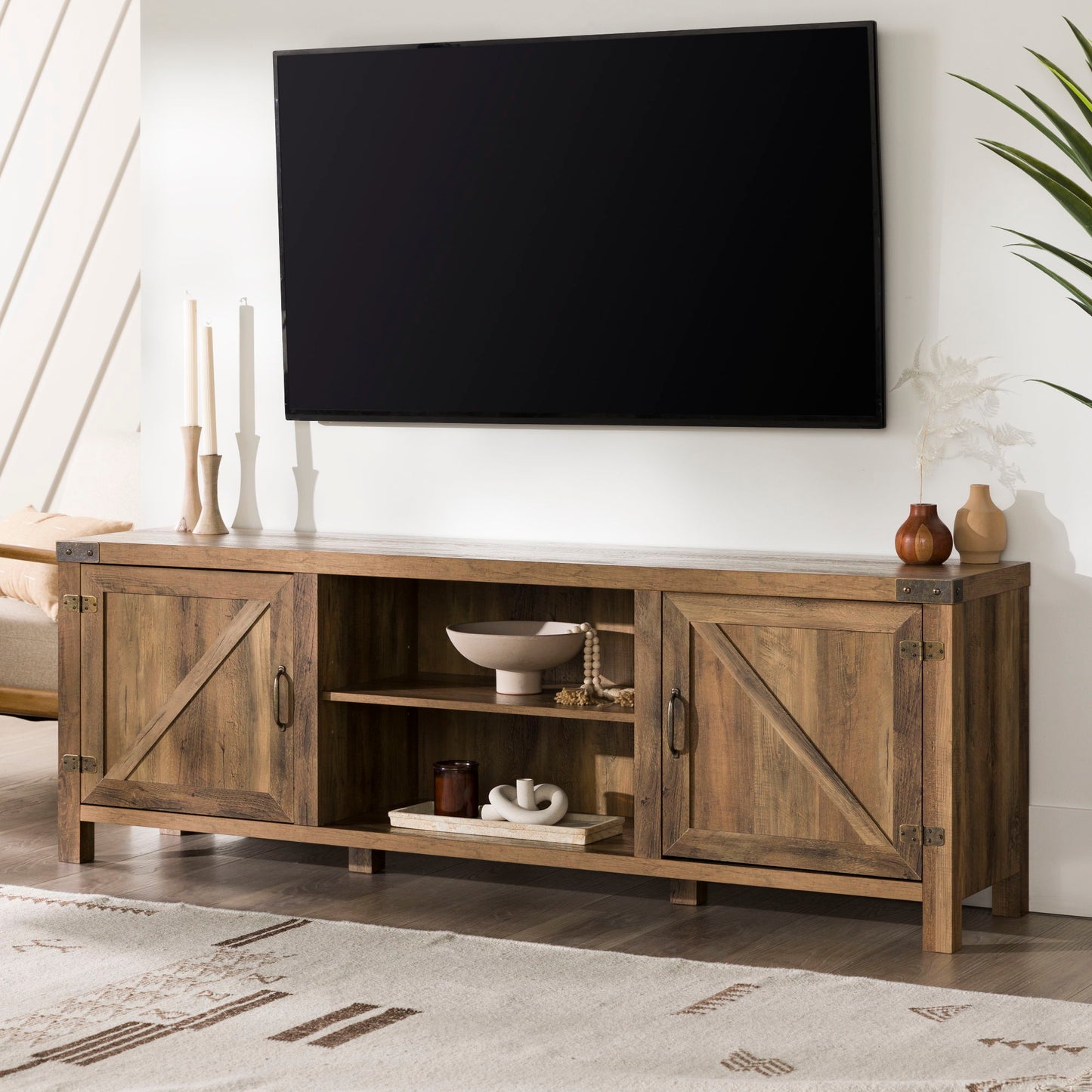 Rustic Farmhouse Double Barn Door 70" TV Stand For 80" TVs With Center Shelves - Rustic Oak