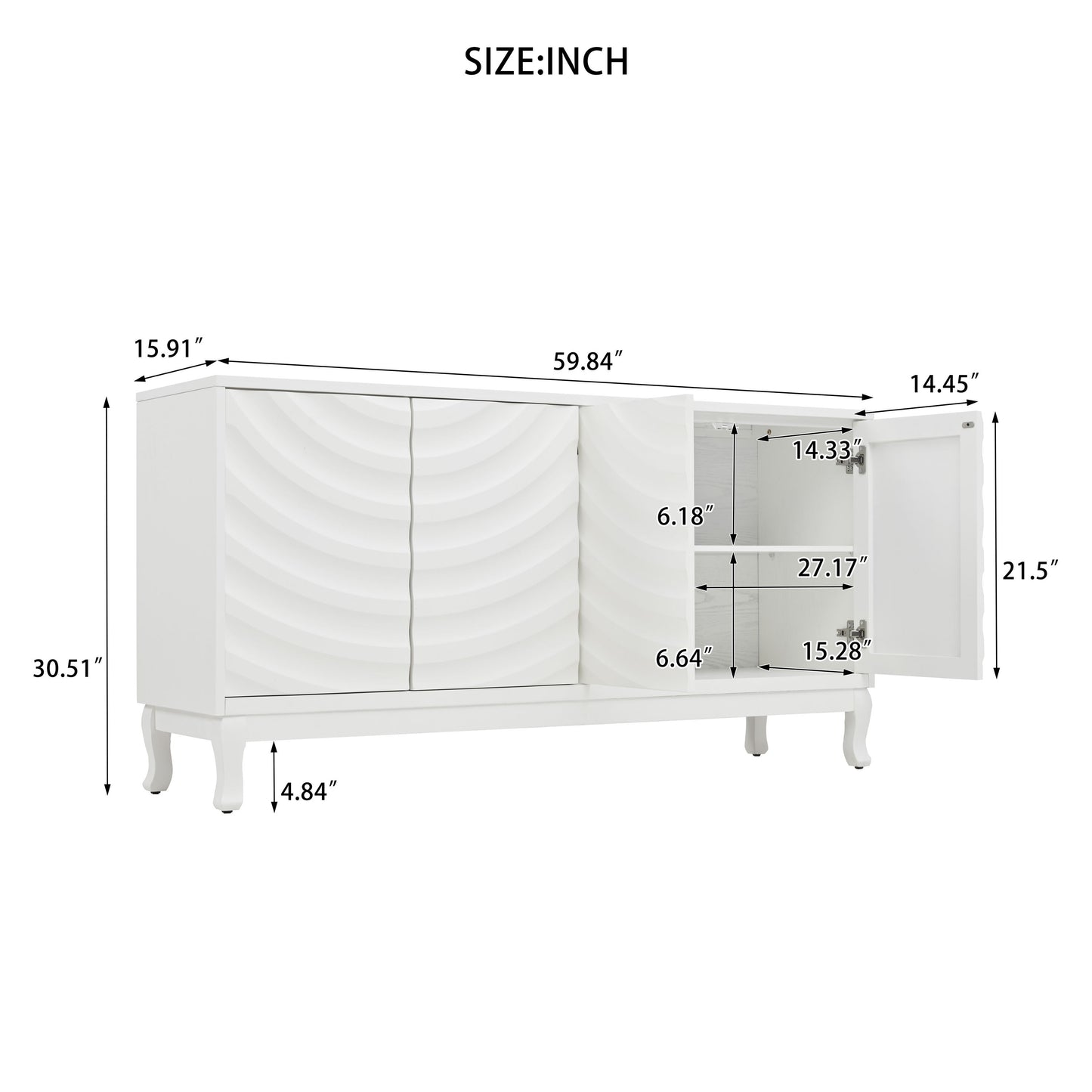 Elegant Sideboard With Sophisticated Wavy Pattern Doors And Arched Groove Design In A Stylish 4 Door Layout, Adjustable For Study, Entryway And Living Room - White