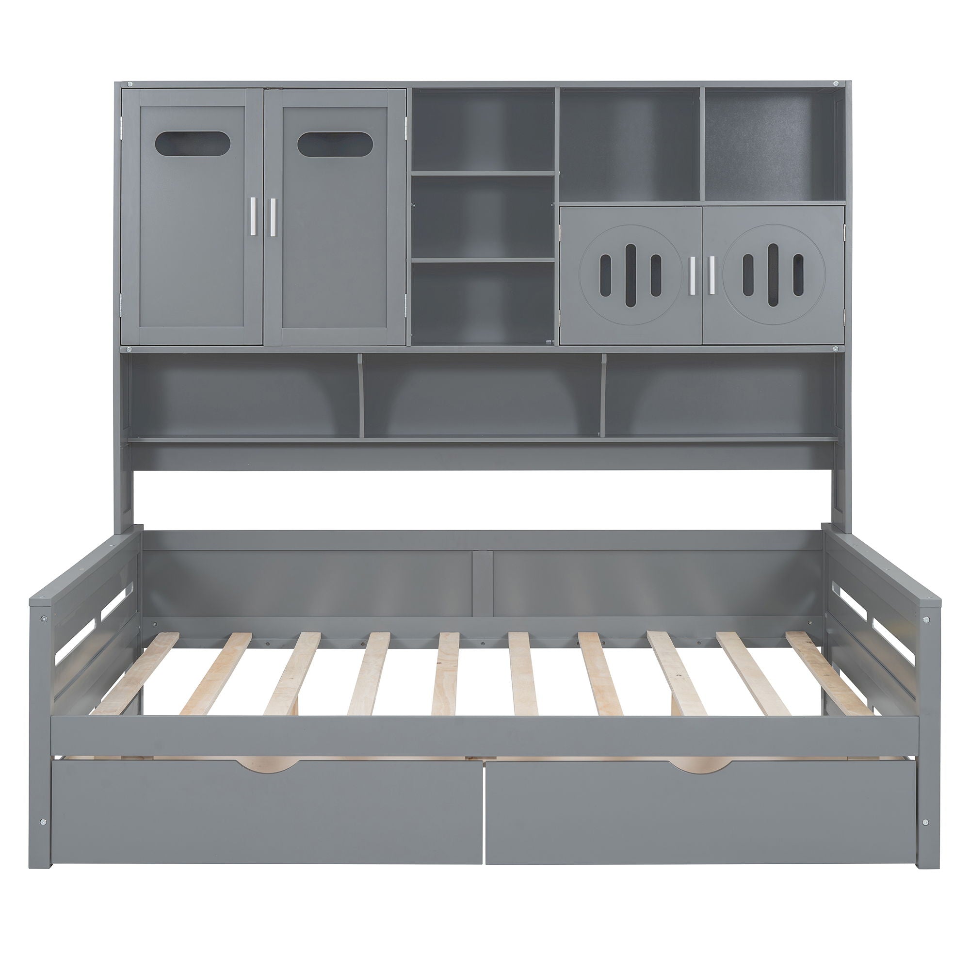 Full Size Daybed With 2 Drawers And All In One Cabinet And Shelf - Gray