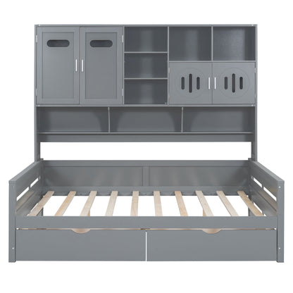 Full Size Daybed With 2 Drawers And All In One Cabinet And Shelf - Gray