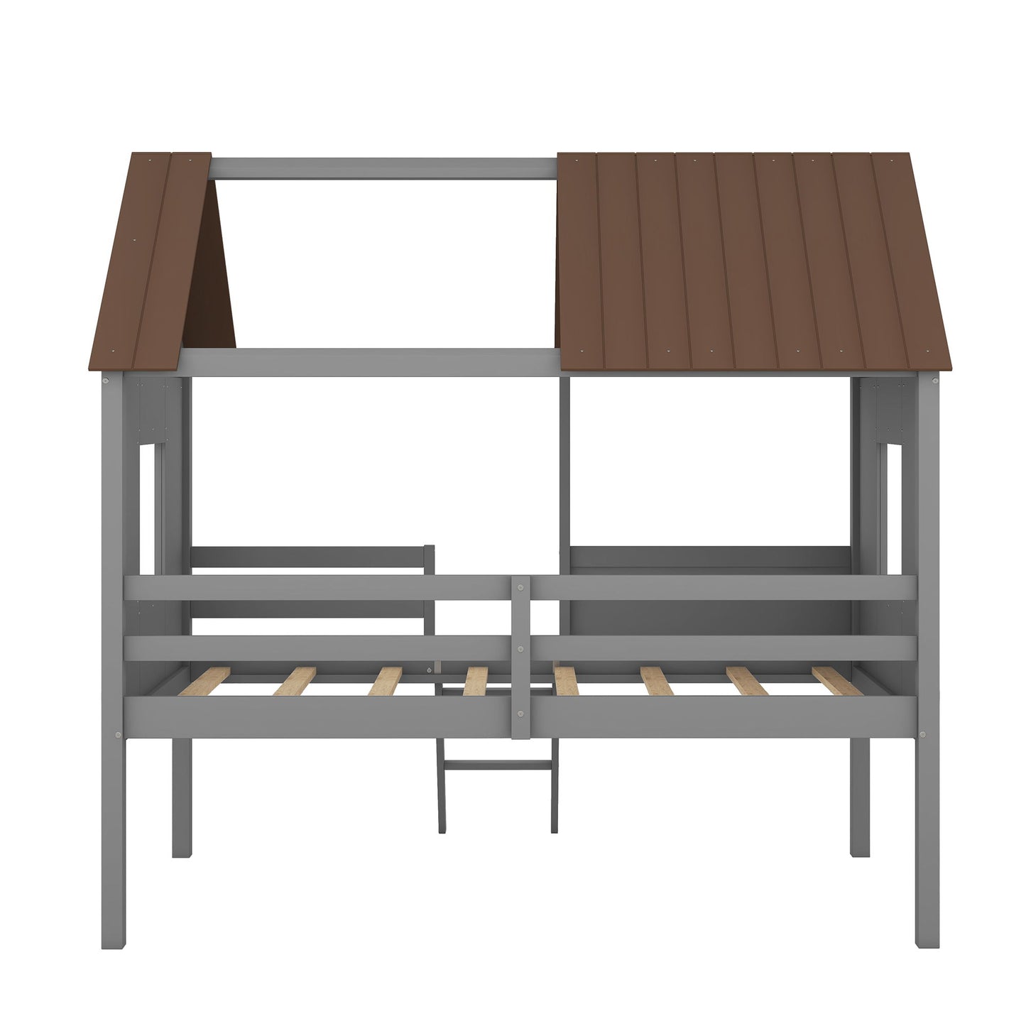 Twin Size Low Loft House Bed With Two Side Windows - Gray / Brown