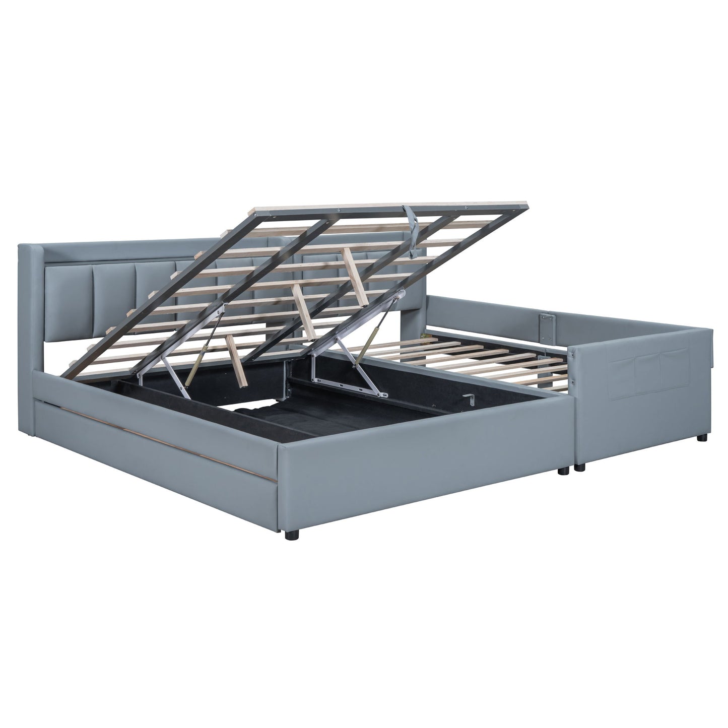 Queen & Twin Long Size Upholstered Platform Bed, Mother & Child Bed With Hydraulic Storage System, Drawer Box, Bedhead Storage Shelf And 2 Pairs Of Sockets & USB Ports - Gray