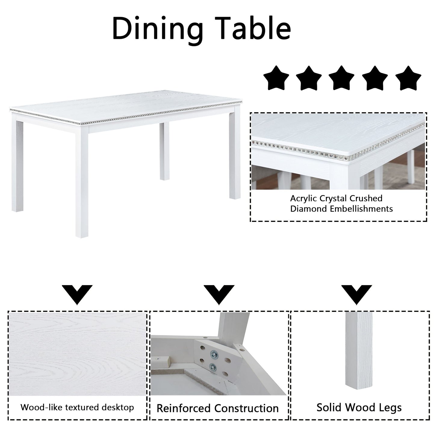 6 Piece Wooden Dining Table Set, Wooden Dining Table With 4 Upholstered Chairs And Bench For 6 People, Rectangular Dining Table Set With Crystal Decoration For Kitchen, Dining Room - White