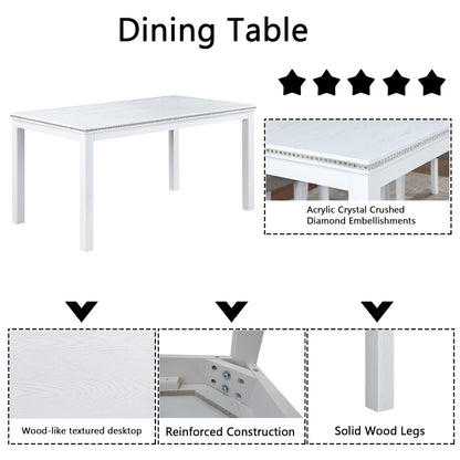 6 Piece Wooden Dining Table Set, Wooden Dining Table With 4 Upholstered Chairs And Bench For 6 People, Rectangular Dining Table Set With Crystal Decoration For Kitchen, Dining Room - White