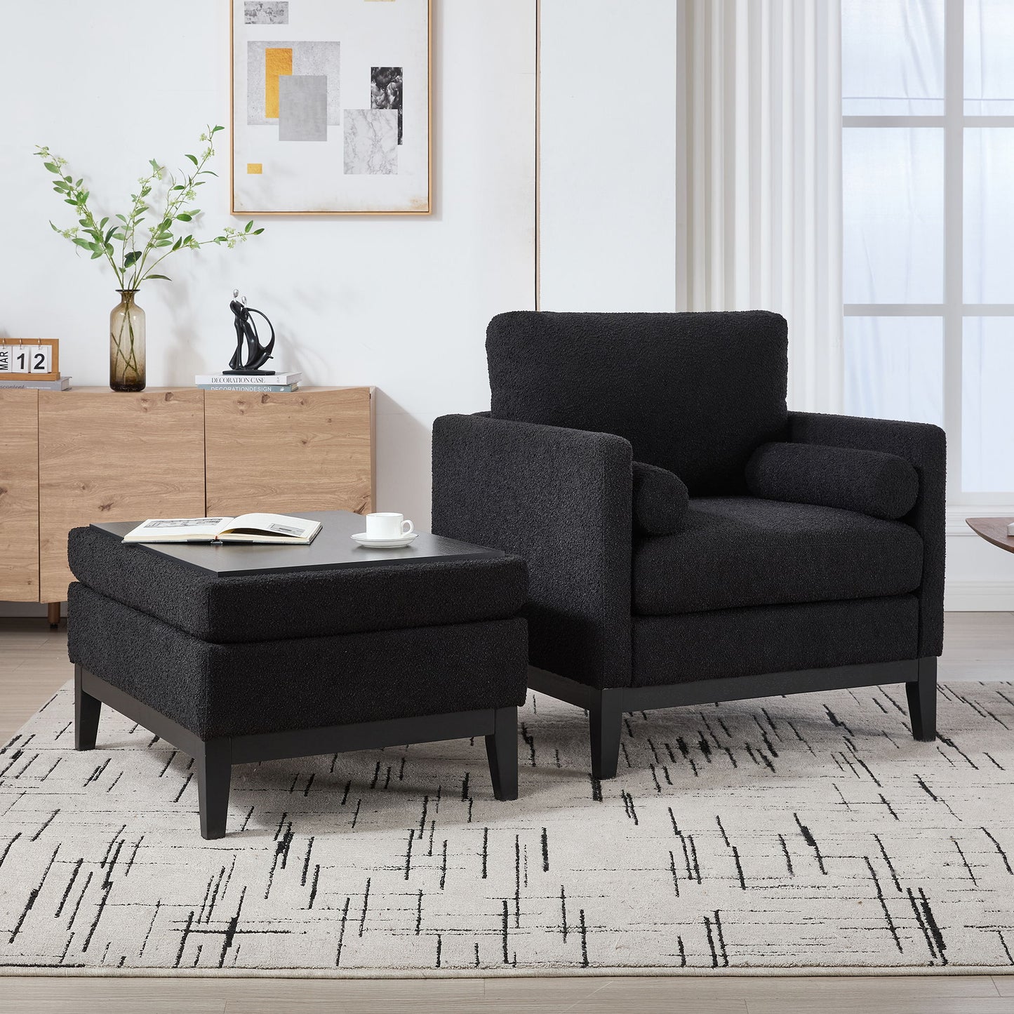 Farmhouse Upholstered Accent Chair With Ottoman Wood Base, Reversible Lid Coffee Table For Living Room Or Office - Black