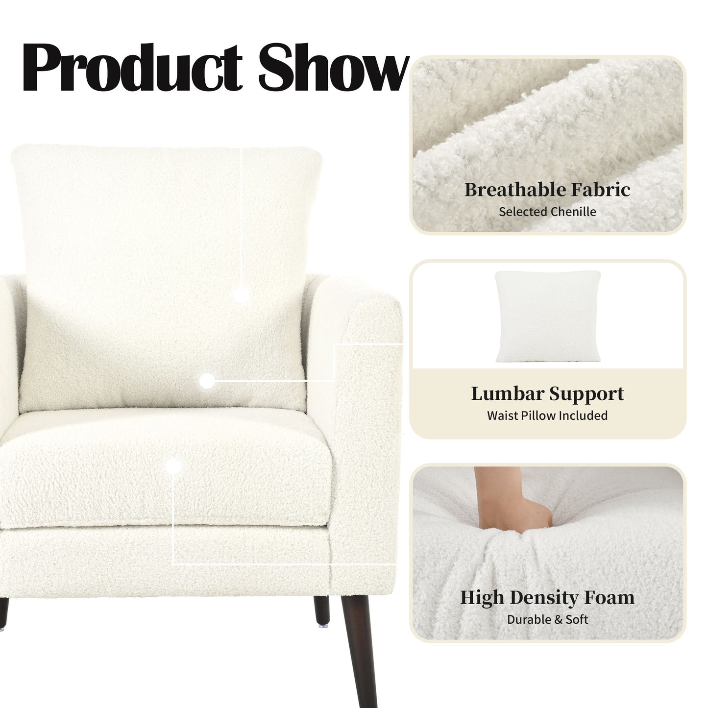 Modern Teddy Fabric Accent Chair - Mid - Century Upholstered Armchair With Pillow And Wood Legs For Living Room, Or Reception Room - White