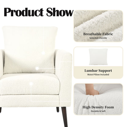 Modern Teddy Fabric Accent Chair - Mid - Century Upholstered Armchair With Pillow And Wood Legs For Living Room, Or Reception Room - White