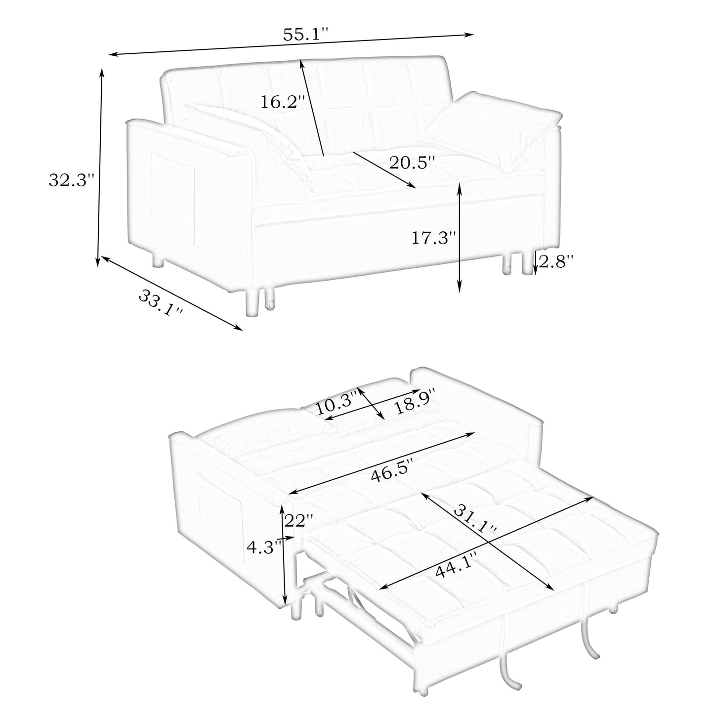 Folding Sofa Bed, Adjustable Back, Access Sofa, Recliner, Single Bed - Orange
