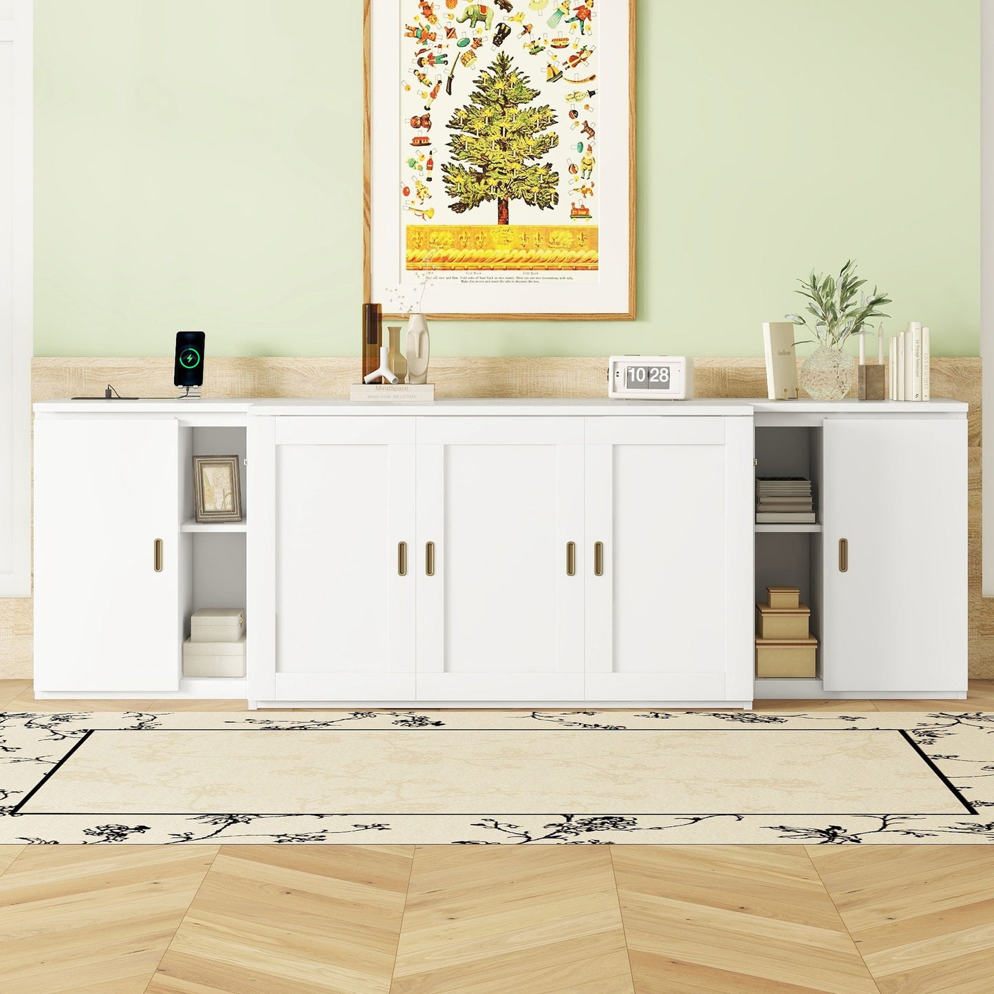 Full Size Murphy Bed With Shelves, Cabinets And USB Ports - White