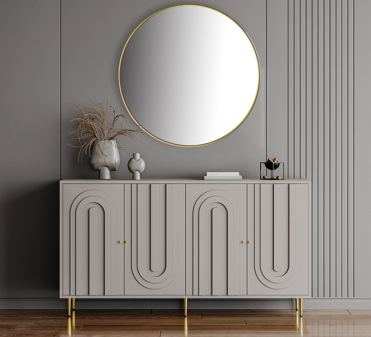 Modern Lacquered 4 Door Wooden Cabinet Sideboard Buffet Server Cabinet Storage Cabinet, For Living Room, Entryway, Hallway, Office, Kitchen And Dining Room - Gray