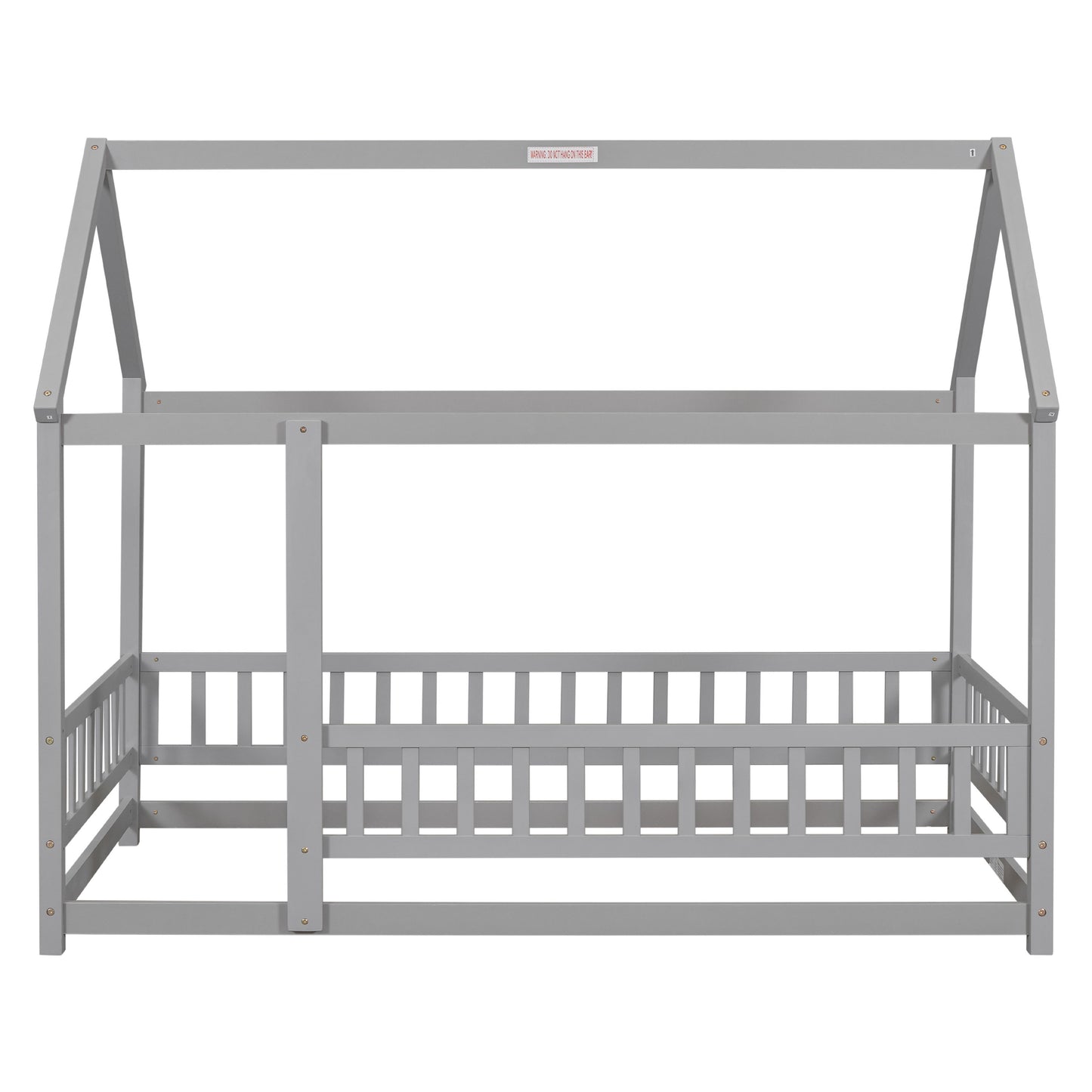 Twin Size Floor Wooden Bed With House Roof Frame, Fence Guardrails - Gray