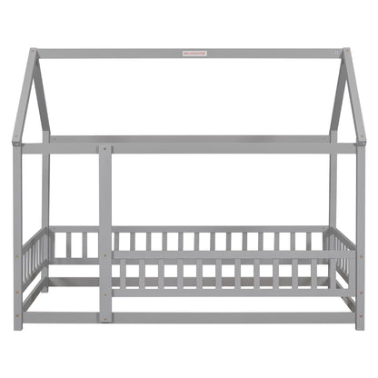 Twin Size Floor Wooden Bed With House Roof Frame, Fence Guardrails - Gray