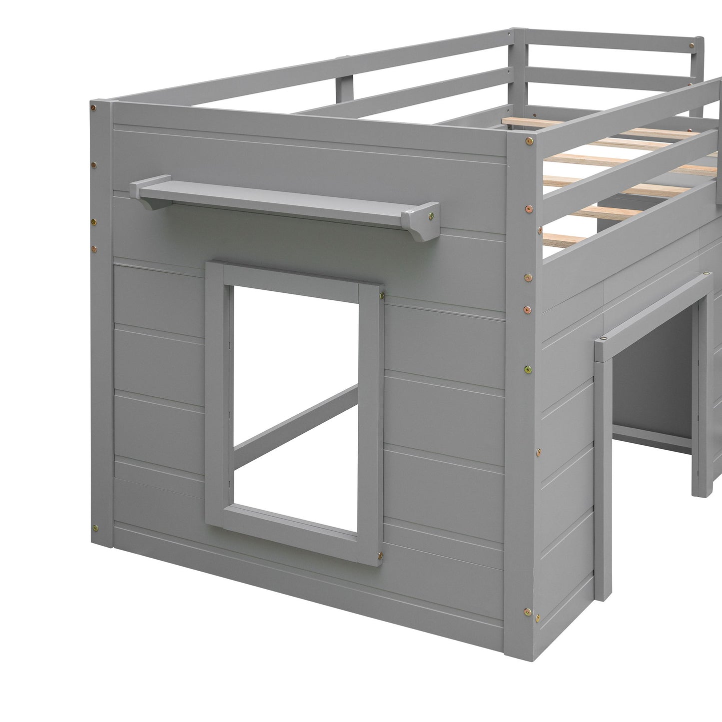 Twin Size Loft Bed With Cabinet And Shelf - Gray