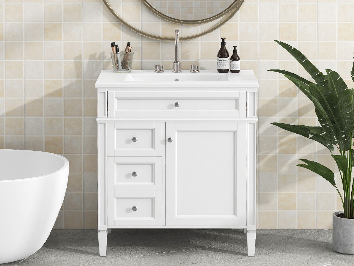 Bathroom Vanity & Top Sink, Modern Bathroom Storage Cabinet, 2 Drawers And A Tip-Out Drawer, Single Sink Bathroom Vanity - White