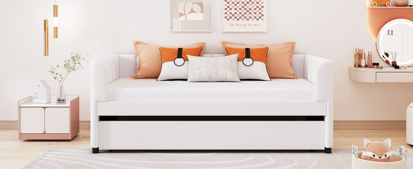 Twin Size Upholstered Daybed With Ergonomic Design Backrest And Trundle - Beige