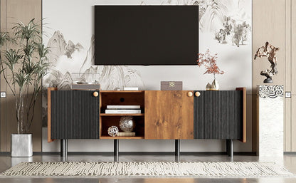 Mid Century TV Stand & 3 Cabinets, Media Console Table For Tvs Up To 70'', Entertainment Center With Storage For Living Room - Black / Brown