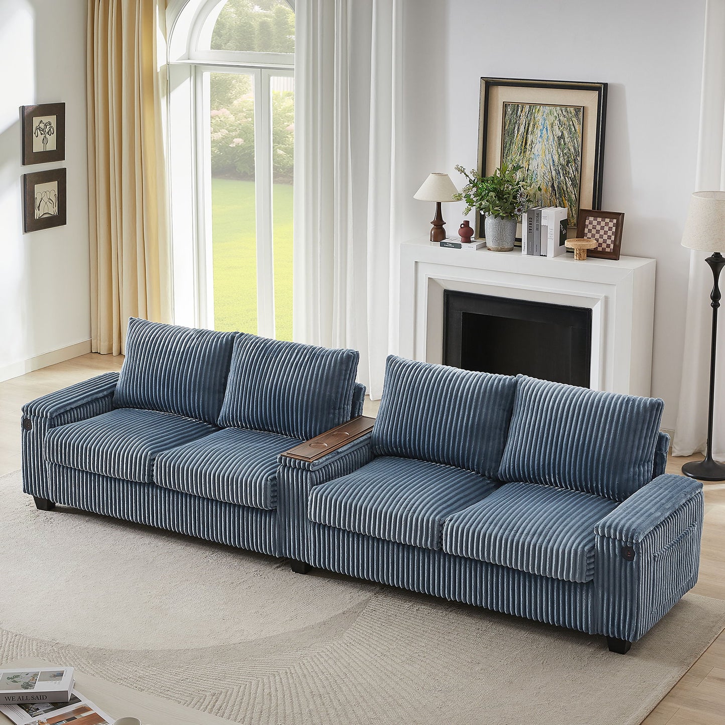 Modern 4 Seater Corduroy Sofa Couch With USB Ports, Hidden Storage, Flip Top Cup Holders - Blue