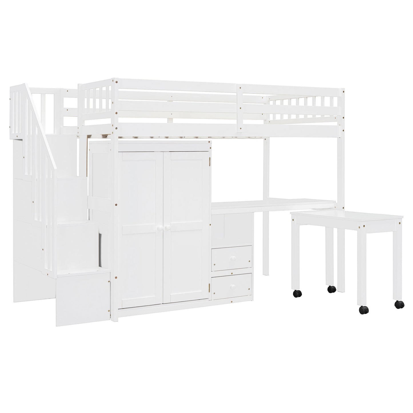 Twin Size Loft Bed With Stairs, Bookshelf, Drawers, Desk & Wardrobe, Space Saving Multifunctional Furniture - White
