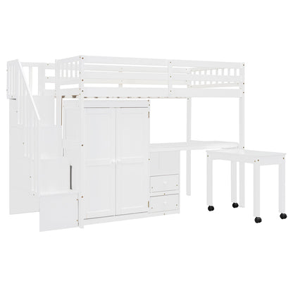 Twin Size Loft Bed With Stairs, Bookshelf, Drawers, Desk & Wardrobe, Space Saving Multifunctional Furniture - White