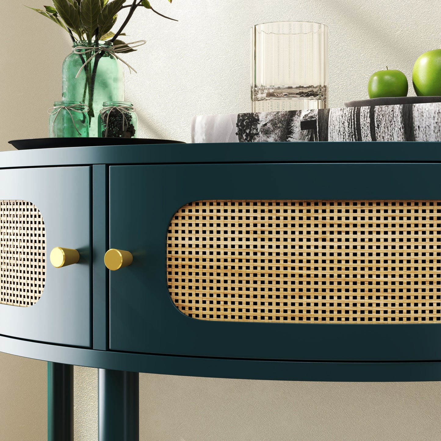 Boho Rattan Semi Circle End Table With Sliding Rattan Door, Elegant Entryway Console With Storage And Bottom Shelf - Antique Green